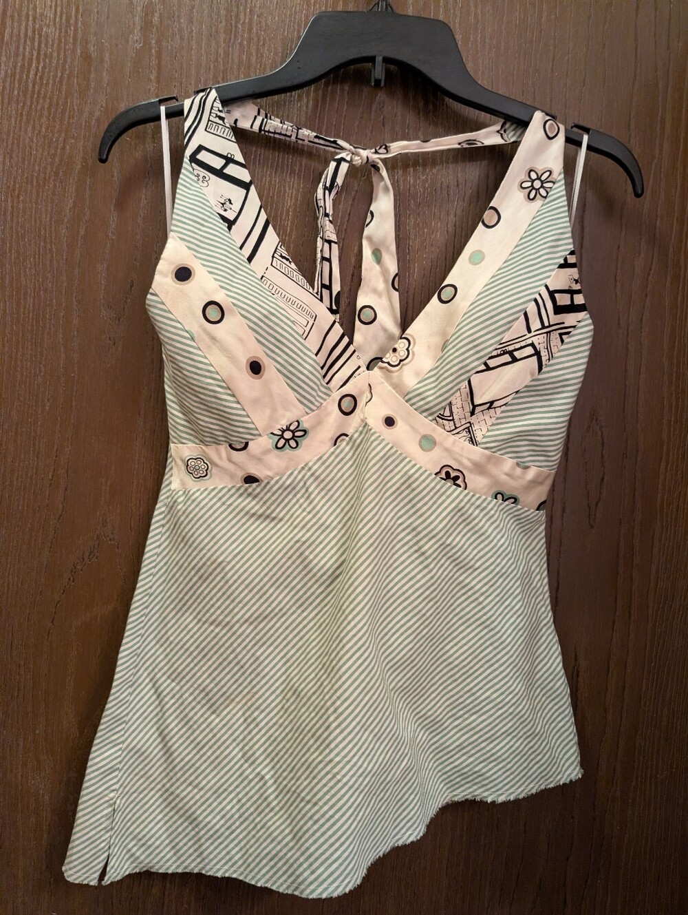 Symmetry Brand Sz-4 Asymmetrical Green Striped Halter Top 100% Silk